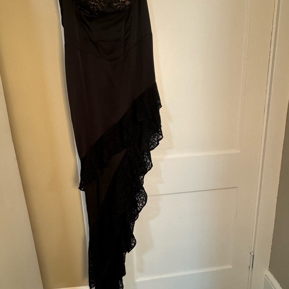 Elegant Black Asymmetrical Dress with Lace Detail